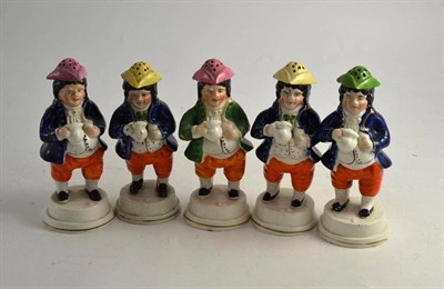 Lot 221 - Five 19th century Staffordshire Toby pepperettes