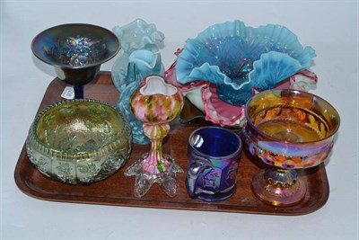 Lot 238 - A tray of carnival glass, Victorian glass jugs, lustre mug, etc