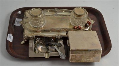 Lot 249 - A silver inkstand, a silver mounted box, a silver ashtray, two silver caddy spoons and a Rolex...