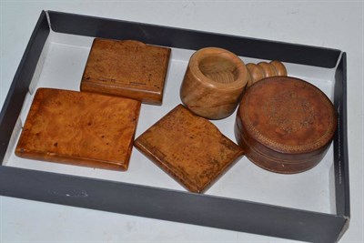 Lot 255 - Three burr wood snuff boxes, nutcracker and a leather covered snuff box (5)