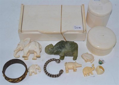 Lot 259 - Jade ring, ivory brooch and ring, ivory small carved elephant, frog, a hog, ivory carved...