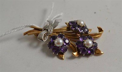 Lot 267 - A 9ct gold split pearl, amethyst and diamond spray brooch