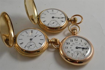 Lot 273 - A plated open faced pocket watch with 24-hour dial indication, full hunting cased plated pocket...