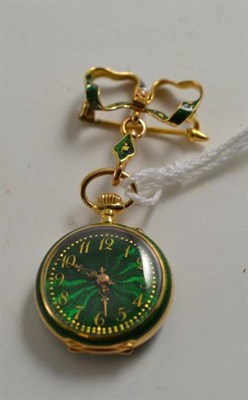 Lot 279 - A lady's enamel fob watch and bow brooch, case stamped 18k