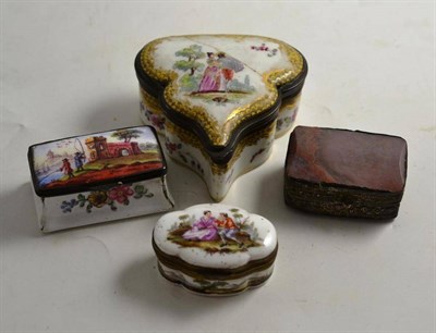 Lot 290 - Three enamel snuff boxes and an agate-type snuff box (4)