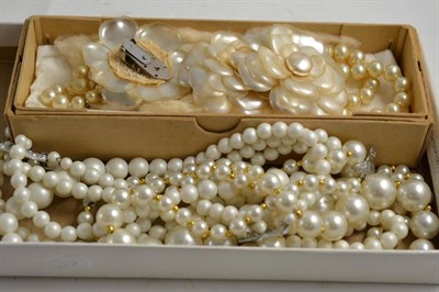 Lot 291 - Two strands of cultured pearls, a pair of paste earrings, a paste brooch, assorted bead...