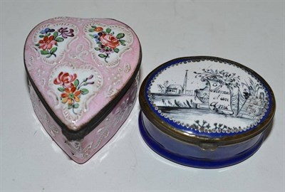 Lot 296 - A heart shaped enamel snuff box and an oval example (2)