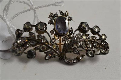 Lot 299 - A blue stone, diamond and paste brooch, of foliate form