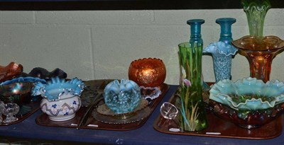 Lot 333 - Shelf of assorted carnival glass, Victorian overlay vase, Vaseline glass, etc