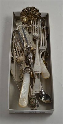 Lot 381 - A quantity of assorted flatware including silver sugar tongs