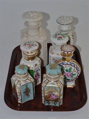 Lot 391 - Five 19th century Continental floral decorated scent bottles and stoppers and a Parian and...