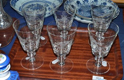 Lot 401 - A set of six wine glasses, etched with a huntsman