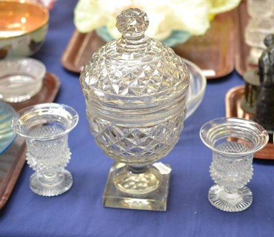 Lot 409 - Waterford Regency glass vase and cover and a pair of Regency thistle glasses