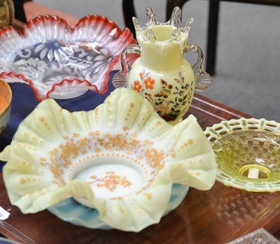 Lot 411 - Vaseline type glass bowl with ruby rim, a green opaque glass bowl, Davison's style blue glass...