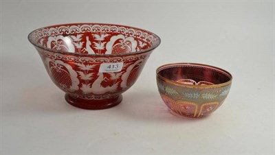 Lot 413 - A ruby flash circular bowl decorated with hares and a small floral decorated bowl