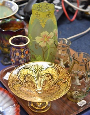 Lot 416 - Pair of small green tinted vases decorated with birds and foliage, a Victorian green overlay...