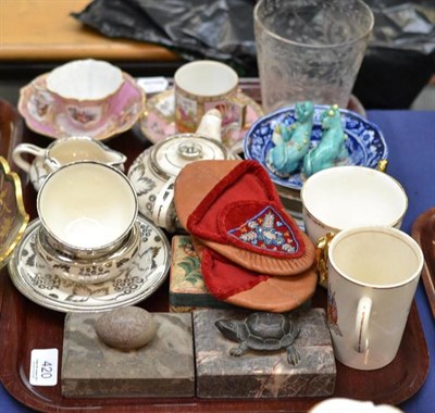 Lot 420 - Tray including two 19th century pink ground cabinet cups, engraved glass vase, commemorative china