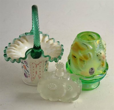 Lot 422 - A Lalique floral design scent bottle and stopper, a Fenton night light and a Fenton flower basket