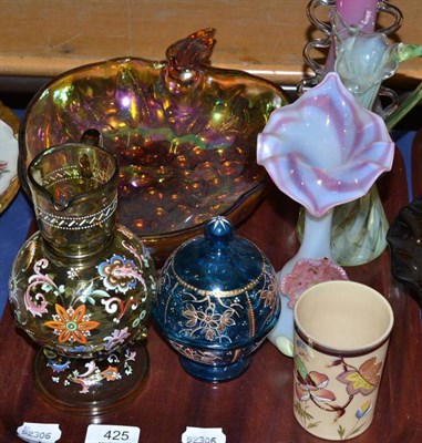 Lot 425 - Seven pieces of coloured glass including Victorian beaker and Continental floral decorated jug