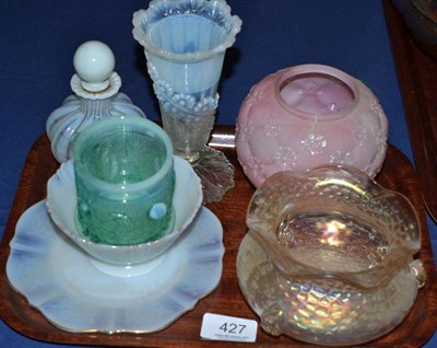 Lot 427 - Tray of five pieces of glassware including Northwood floral decorated pink vase, scent bottle, etc