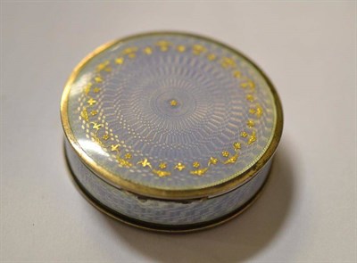 Lot 459 - A Continental white metal and lavender guilloche enamel circular trinket or snuff box, stamped...