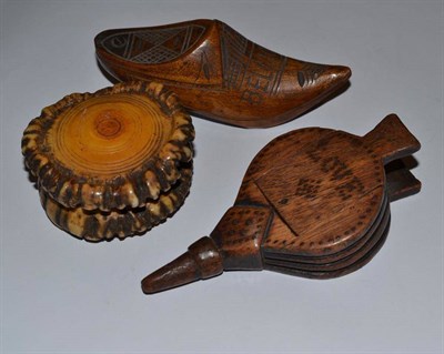 Lot 460 - A mahogany snuffbox as a pair of bellows, inscribed ";Love"; in pins; another, as a shoe...