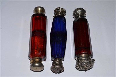 Lot 466 - A Victorian cobalt blue glass double compartment/ended scent bottle with faceted decoration;...