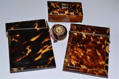 Lot 473 - Two tortoiseshell card cases, tortoiseshell small hinged box and tape measure