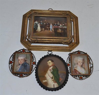 Lot 496 - A miniature portrait of Napoleon, in a decorative frame; a pair of decorative portrait...