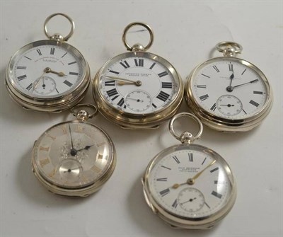 Lot 504 - Five silver open faced pocket watches