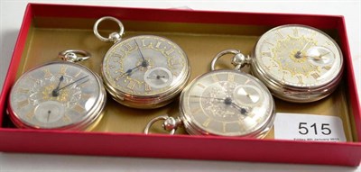 Lot 515 - Four silver open faced pocket watches, three cases with London hallmarks and one with...