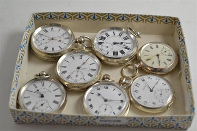 Lot 518 - Seven open faced pocket watches, cases stamped 935, 925 and 0.800