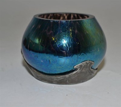 Lot 531 - Small iridescent glass vase with metal mounts, signed Loetz