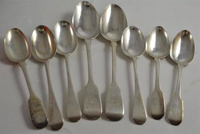 Lot 536 - Pair of silver table spoons engraved with a family crest and six assorted silver spoons