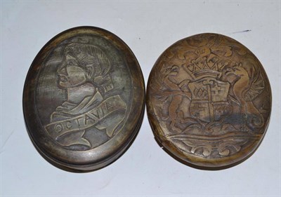 Lot 555 - Two horn snuff boxes, one with a family crest and the other inscribed ";Octavia"; (2)