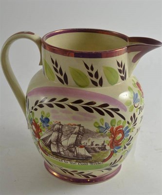 Lot 572 - Pink Sunderland lustre jug 'Peter and Jane Donkin, Mary.Kirk, 1827' (restored)