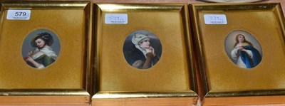 Lot 579 - Three gilt framed portrait miniatures on porcelain, the oval pair after JB Greuze, the other...