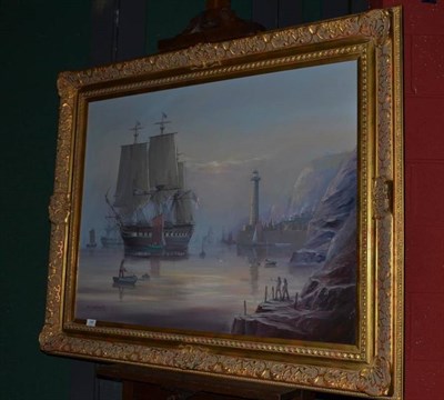 Lot 596 - Michael J. Whitehand, a gilt framed oil on canvas, shipping scene at dusk