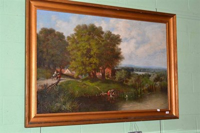 Lot 600 - Oil on canvas - washing by the river, unsigned