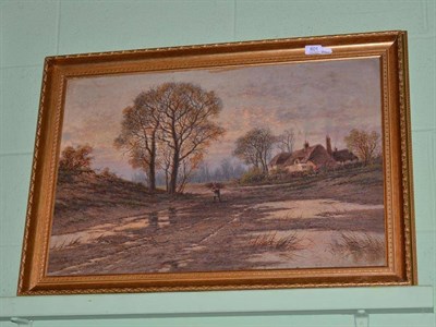 Lot 601 - Oil on canvas, landscape with figure carrying bundle of sticks and cottage in the background