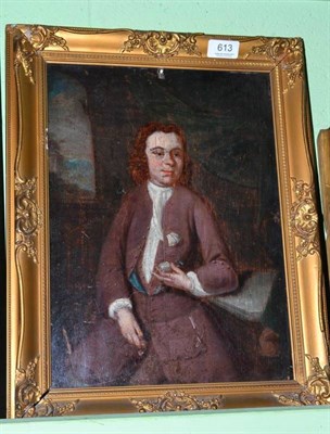 Lot 613 - Gilt framed oil on panel ";Gentleman holding a pocket watch"