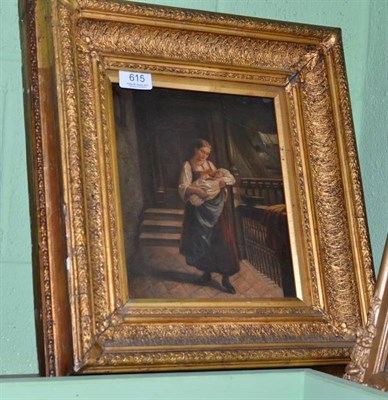 Lot 615 - Victorian oil on canvas depicting mother and baby in an ornate gilt frame