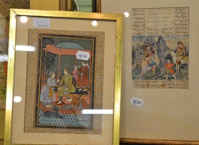 Lot 617 - Qajar illuminated manuscript leaf with lady rider and an Indian miniature of figures in a pavilion