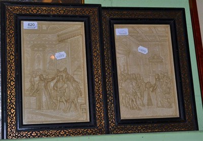 Lot 620 - Pair of 19th century panels in Elizabethan style contained within ebonised and parcel gilt...