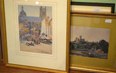 Lot 626 - Watercolour 'Dieppe Market' by G Hillyard Swinstead and three prints