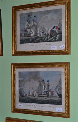 Lot 637 - Pair of gilt framed colour prints shipping scenes; Lord Vincent's victory and Lord Howe's victory