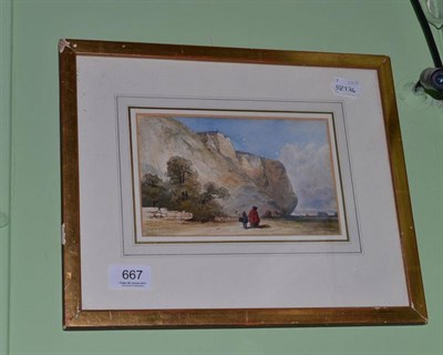 Lot 667 - Attributed to John Callow, figures under white cliffs, watercolour, framed