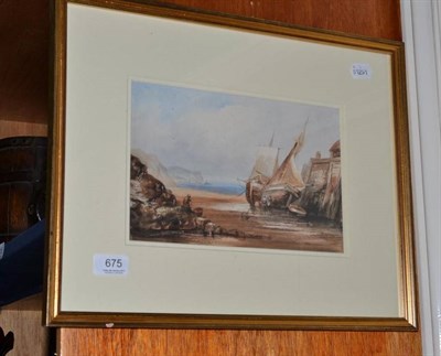 Lot 675 - Attributed to Joseph Newington Carter, Fishing by a harbour wall at low tide