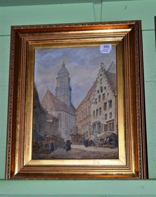 Lot 685 - Circle of Pieter Cornelis Dommersen (1834 - 1908) Continental town with figures, signed and...