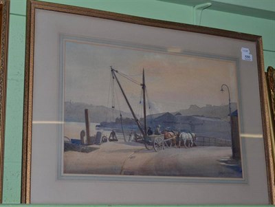 Lot 686 - Donald Wood, watercolour, figures with horse and cart by the Esk at Whitby